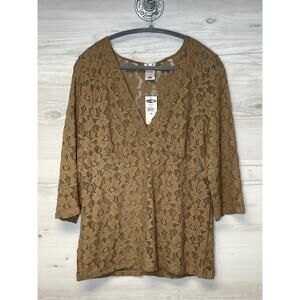 Vintage‎ Old Navy Top Womens XL Brown Lace 3/4 Sleeve V Neck See Through Sheer